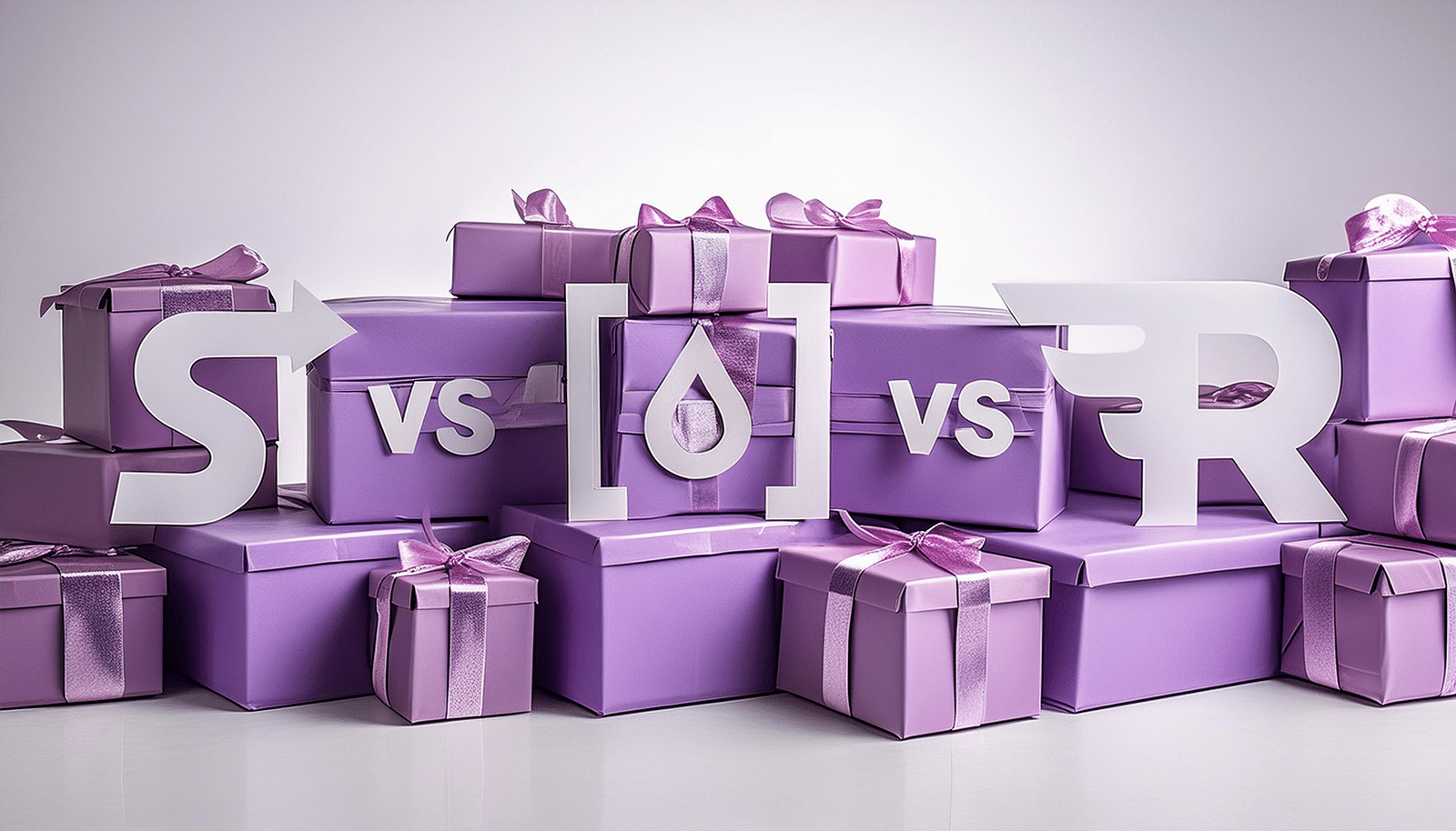 Purple gift boxes with paper cutouts of the Sendoso S, the Imprint Engine icon, and the Reachdesk R