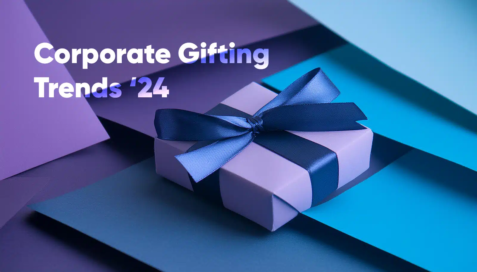Gift on purple and blue background with text that says Corporate Gifting Trends '24