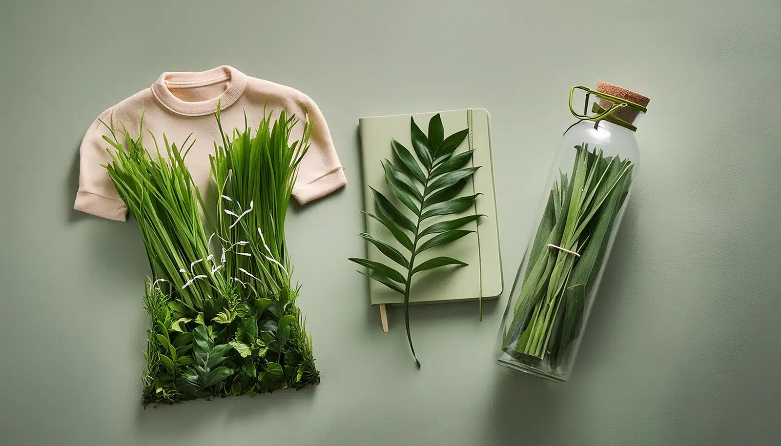 T-shirt, notebook, and water bottle made out of plants, leaves & grass.