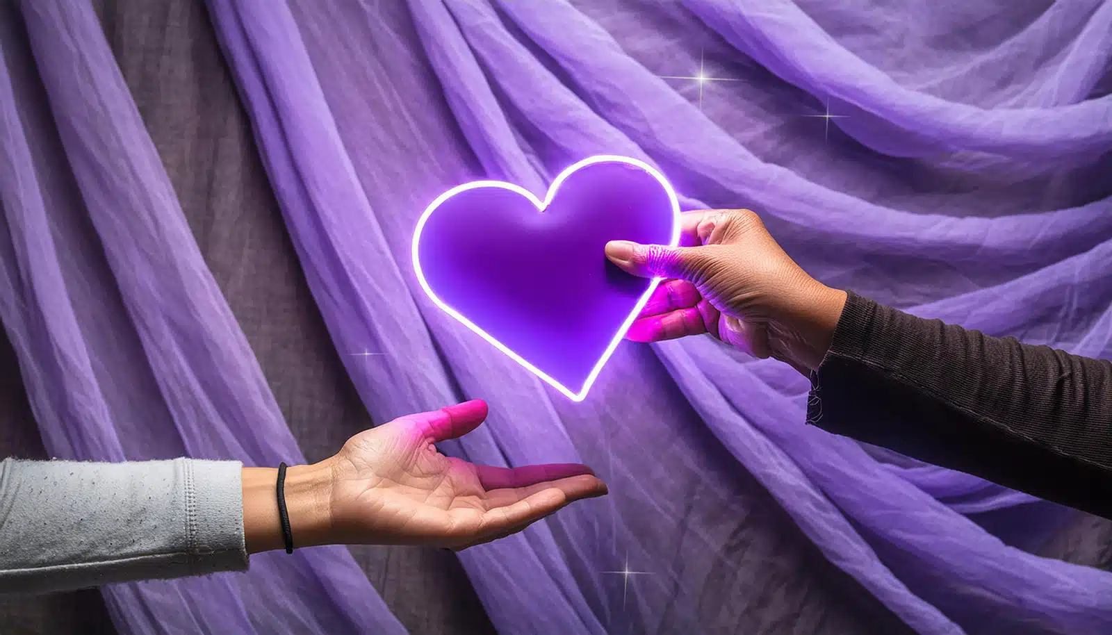 Person handing another person a glowing neon purple heart, on a neutral background of multiple layers of light purple fabric textures, low dramatic light.